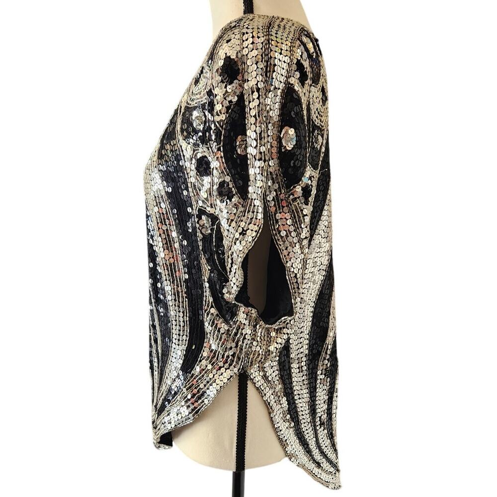Vintage Sequin Black Silver Disco Art Deco Peacock V Neck Blouse Top Shirt - Picture 5 of 9